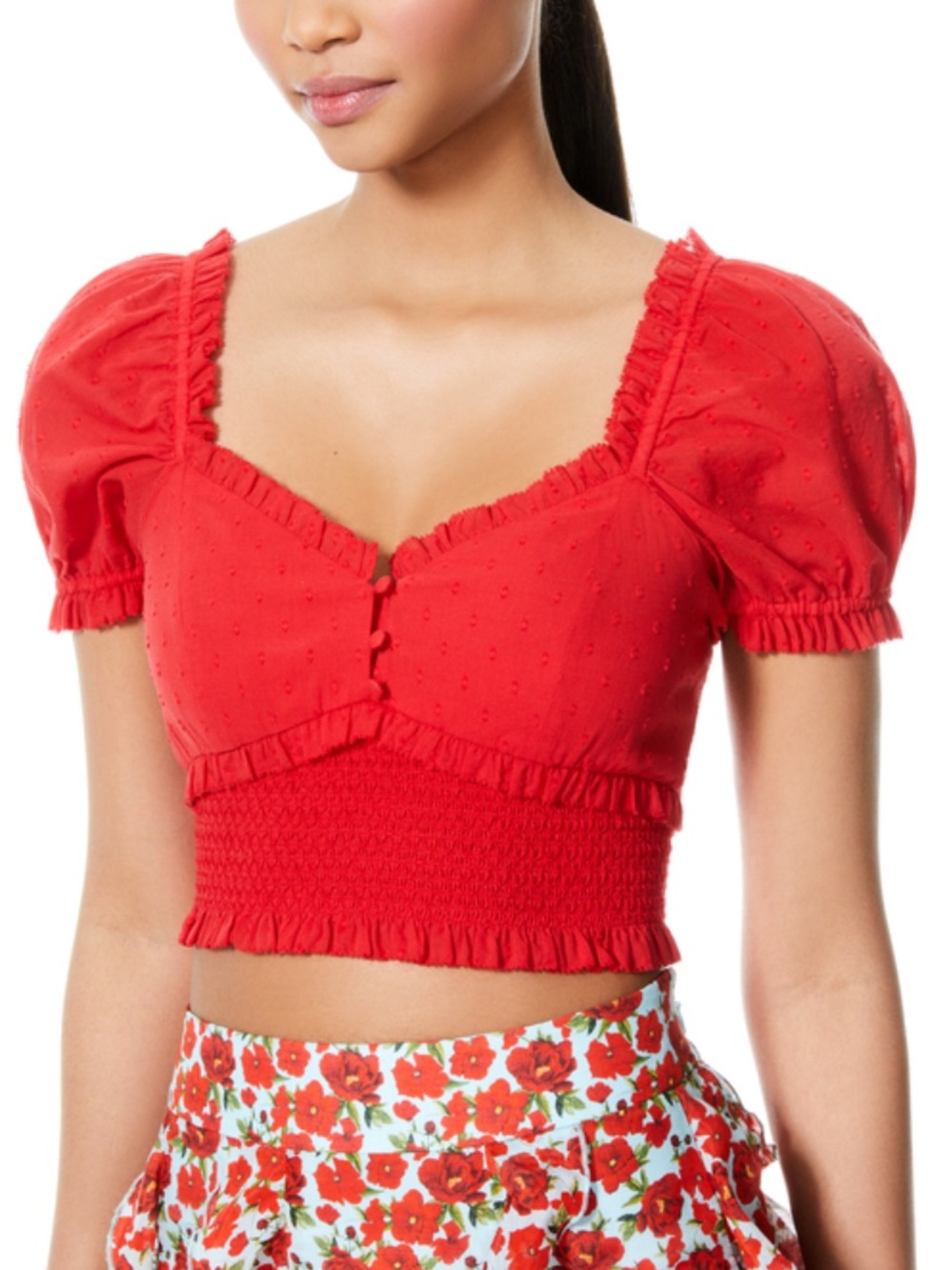 ALICE + OLIVIA Rianna Puff Sleeve Smocked Crop Top In Poppy Red Estimated Sz S